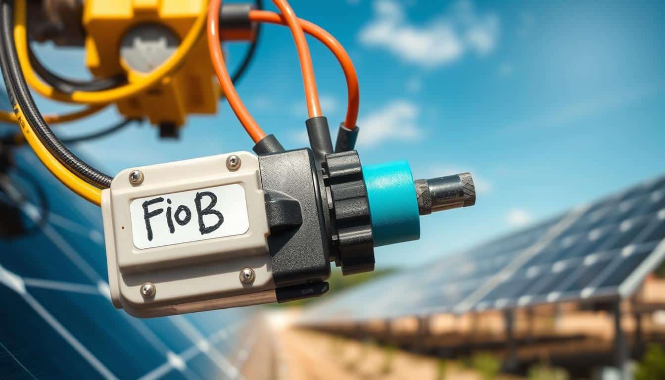 Close de um dispositivo industrial ou eletrônico com fiação identificada como “FioB”, tendo como pano de fundo painéis solares sob um céu claro. O que é fio b na Energia Solar