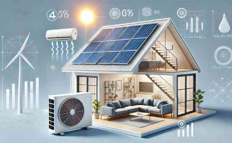 Quantas Placas Solar Precisa para um Ar Condicionado? Uma casa moderna com painéis solares instalados no telhado e um ar-condicionado em funcionamento dentro de um ambiente confortável. A imagem inclui gráficos ou cálculos ao lado, destacando a quantidade de placas necessárias para alimentar um aparelho de ar-condicionado típico. O sol brilhante no fundo simboliza a energia renovável como fonte.