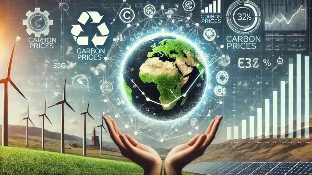 Tendências do Mercado de Carbono – Mostra um globo verde cercado por fontes de energia renovável como turbinas eólicas e painéis solares, com gráficos de crescimento e conectividade global, destacando inovações e o aumento do preço do carbono.