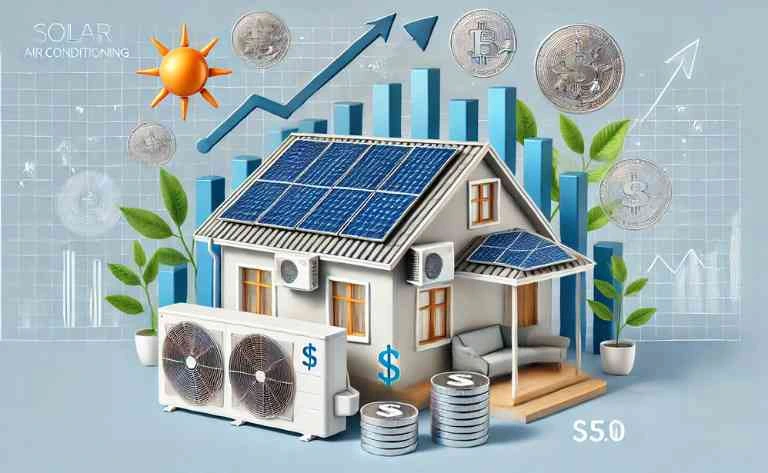 Destaca uma casa com painéis solares, gráficos de economia financeira, e ícones de sustentabilidade como folhas e o sol, mostrando o impacto econômico e ambiental positivo da energia solar para climatização.