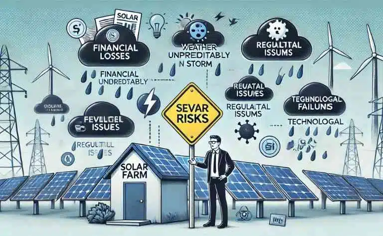 7 Riscos ao Investir em Fazendas Solares. Exibe uma fazenda solar com ícones de alerta que representam os riscos, como perdas financeiras, mudanças climáticas (tempestades), questões regulatórias (documentos legais) e falhas tecnológicas. Um sinal de cautela reforça a ideia de cuidado necessário ao investir.