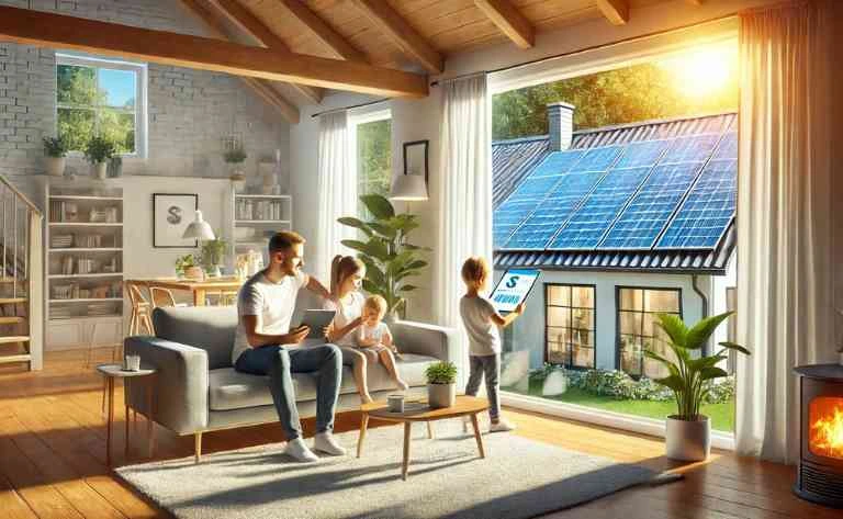 Uma família analisando a redução na conta de energia com um tablet, enquanto um sistema de painéis solares está instalado no telhado, representando os benefícios financeiros e ambientais do investimento em energia solar.