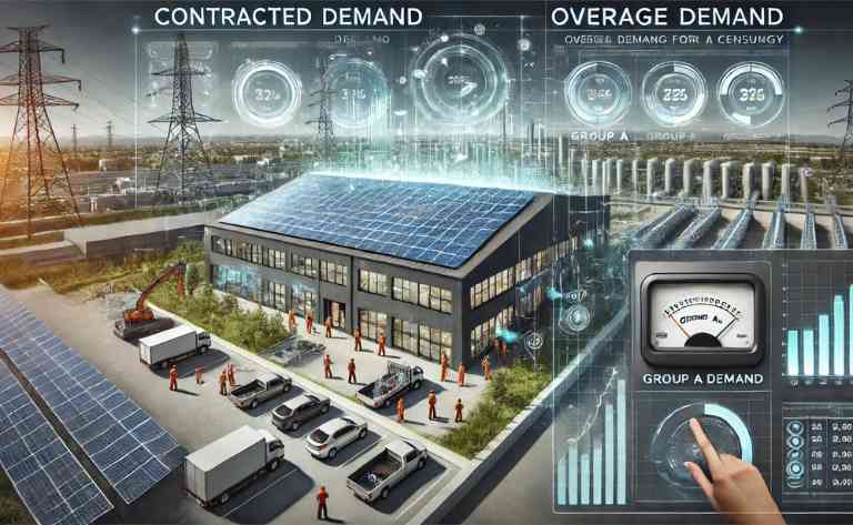 Destaca um medidor digital mostrando variações de demanda energética em um grande complexo comercial com painéis solares. Engenheiros acompanham dados em tempo real, enquanto gráficos financeiros indicam eficiência energética e economia.