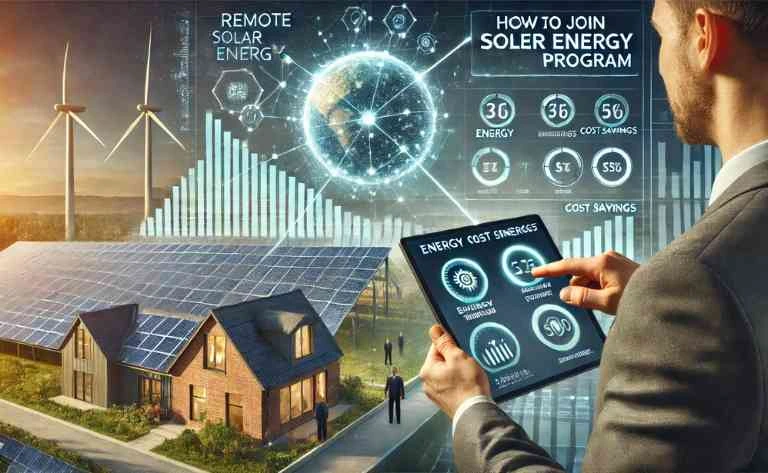 Mostra um consultor auxiliando um consumidor a se inscrever para um plano de energia solar compartilhada através de um tablet. Um painel digital exibe a alocação de energia e economia esperada. No fundo, uma fazenda solar enfatiza a participação comunitária na energia renovável.