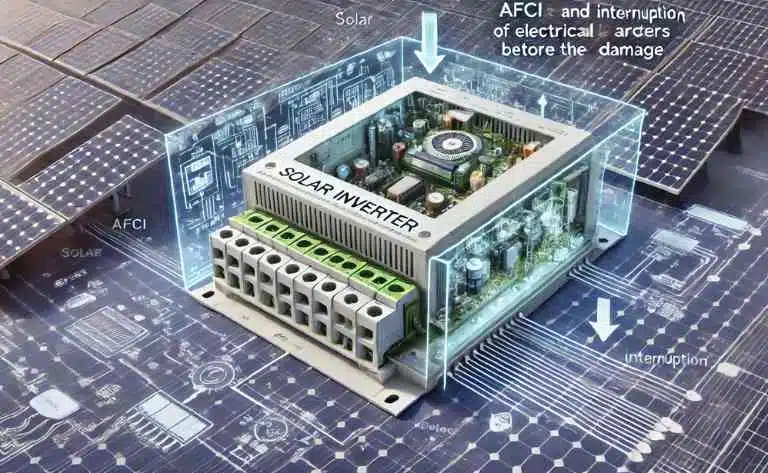 Uma ilustração mostrando um inversor solar com uma visão transparente de seus componentes internos. Setas indicam como o AFCI detecta e interrompe arcos elétricos antes que causem danos. O fundo inclui painéis solares, diagramas elétricos e indicadores de segurança.