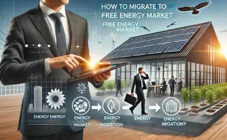 ostra um consultor orientando um empresário por meio de um processo digital passo a passo em um tablet, detalhando as fases da migração energética. Ao fundo, um escritório moderno com sistema de energia solar inteligente representa independência energética e eficiência de custos.