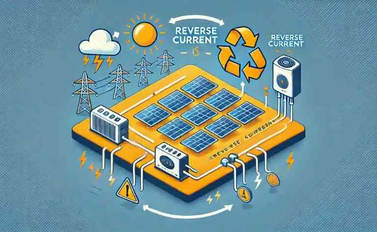 Mostra um sistema de painéis solares com setas ilustrando o fluxo de eletricidade, destacando a corrente reversa voltando para os painéis. Ícones de alerta e um inversor reforçam a importância do controle adequado da energia.