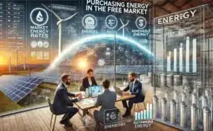 Comprar Energia no Mercado Livre é uma Boa Escolha? Veja Como Funciona! Mostra profissionais discutindo contratos de energia em um escritório moderno, enquanto um painel digital exibe taxas de mercado e consumo de energia. Ao fundo, fontes renováveis, como fazendas solares e turbinas eólicas, representam opções sustentáveis.