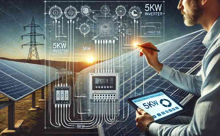 Apresenta um diagrama detalhado de conexões de string em um sistema solar real, com cabos conectando os painéis ao inversor. Um engenheiro ajusta as configurações para otimizar o desempenho do sistema.