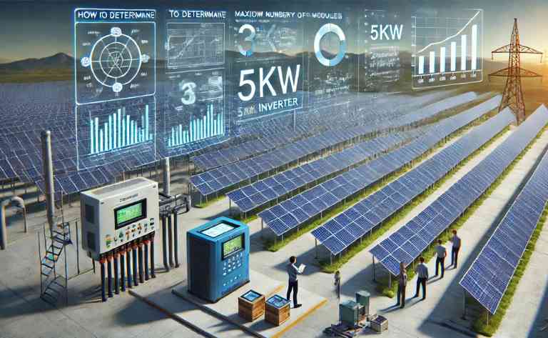 Exibe uma fazenda solar com painéis organizados em fileiras, um engenheiro analisando cálculos em um monitor digital e gráficos de eficiência energética, destacando o dimensionamento correto do sistema.