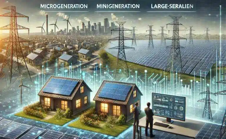 Mostra três configurações distintas de geração de energia solar: um pequeno sistema residencial, uma fazenda solar de médio porte e uma usina de grande escala. Engenheiros analisam as diferenças de saída energética em telas digitais, com infraestrutura de transmissão visível ao fundo.

