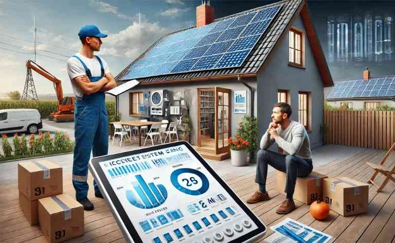 Um técnico analisa um sistema de painéis solares onde há quantidade insuficiente ou excessiva de módulos para atender à demanda de energia da casa. O proprietário, preocupado, revisa os dados de consumo em um tablet, enquanto ao fundo, os painéis mal dimensionados comprometem a eficiência do sistema.

