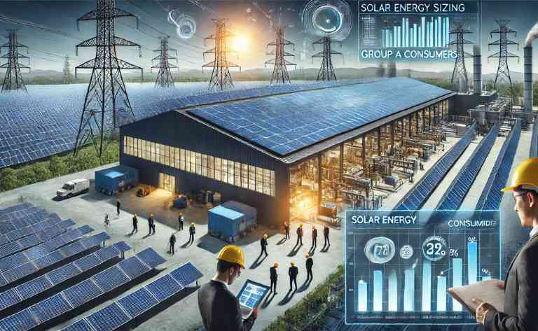 Dimensionamento de Energia Solar para o Grupo A Mostra uma instalação industrial com painéis solares no telhado, um painel digital exibindo métricas de consumo energético e engenheiros analisando dados. Linhas de transmissão ao fundo representam a conexão à rede elétrica.