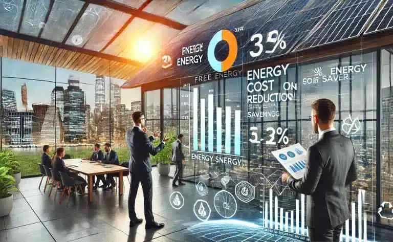 Executivos analisam gráficos de economia energética em um escritório moderno com painéis solares no telhado. Um consultor apresenta um relatório detalhando as vantagens do mercado livre de energia. Ao fundo, uma cidade com infraestrutura de energia renovável representa a sustentabilidade empresarial.