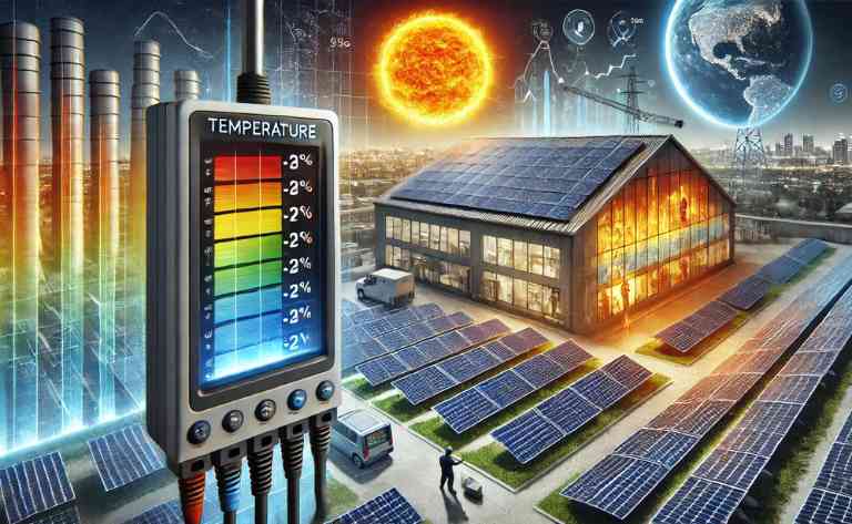 Destaca um sistema fotovoltaico sob diferentes condições climáticas, com mapas de calor ilustrando a variação de temperatura. Um técnico monitora os painéis usando uma câmera térmica para medir a tensão.