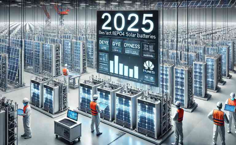 Melhores Baterias LiFePO4 para 2025 Exibe um centro de armazenamento de energia de alta tecnologia com modelos como Deye, Dyness e Huawei, organizados em racks. Engenheiros monitoram o desempenho das baterias em telas digitais, enquanto um sistema de energia solar e inversores no fundo destacam a integração renovável.