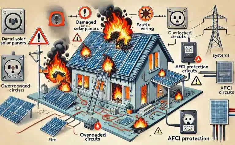 Uma imagem de alerta destacando painéis solares danificados, fiação defeituosa e circuitos sobrecarregados. Ícones de perigo de incêndio e proteção AFCI reforçam a importância de medidas de segurança em sistemas fotovoltaicos.