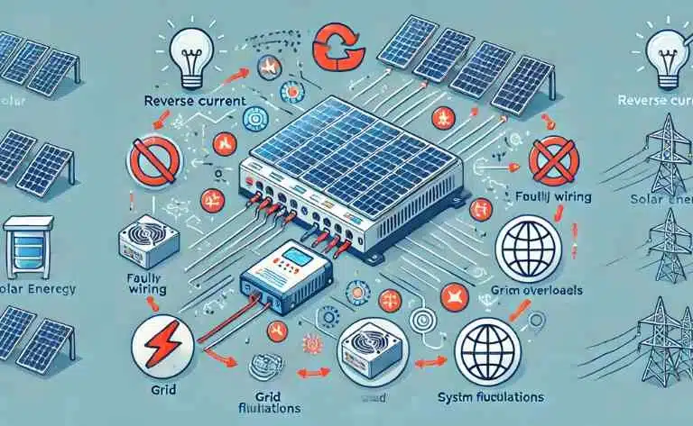 Apresenta painéis solares conectados a um inversor, com setas indicando fluxo incorreto de energia retornando aos painéis. Ícones representam causas comuns como fiação defeituosa, flutuações na rede e sobrecargas do sistema.