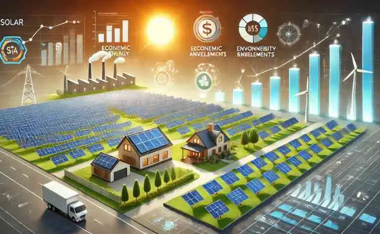 Mostra uma grande fazenda solar com painéis sob luz solar intensa. No cenário, há uma casa e uma fábrica próximas, destacando a versatilidade da energia gerada. Gráficos financeiros e ícones de sustentabilidade simbolizam os benefícios econômicos e ambientais.