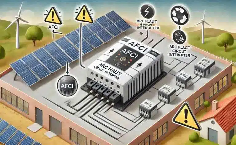 O Que é o AFCI na Energia Solar? Uma imagem educativa destacando um inversor solar com o rótulo AFCI, mostrando setas indicando como essa tecnologia detecta e previne arcos elétricos. O fundo inclui painéis solares e ícones de segurança.