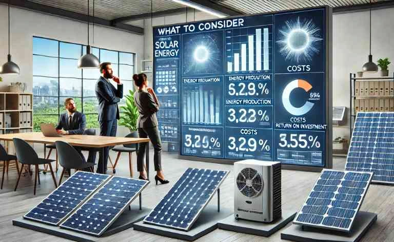 Um casal consulta um especialista em energia solar em um escritório moderno, analisando projeções de custo e retorno sobre o investimento em um grande display digital. Em primeiro plano, diferentes modelos de painéis solares e inversores estão disponíveis para escolha.