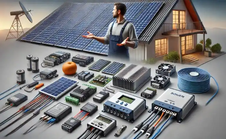 A imagem mostra um conjunto completo de painéis solares, inversores, controladores de carga, suportes de montagem e fiação elétrica, todos dispostos de forma organizada em um ambiente técnico. Um técnico demonstra como cada componente se conecta, destacando a qualidade e a correta instalação do sistema.