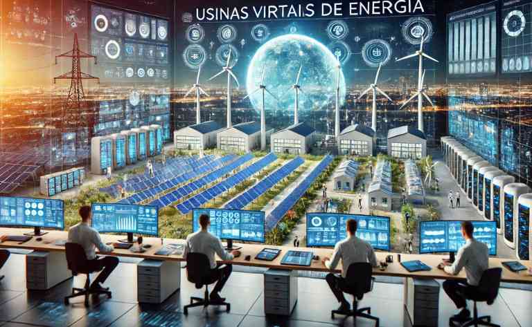 Exibe um centro de controle moderno, onde engenheiros monitoram dados em tempo real sobre redes elétricas, usinas solares e eólicas interconectadas, e baterias de armazenamento. A cidade ao fundo reflete a integração tecnológica no setor de energia. O que é Usinas Virtuais de Energia