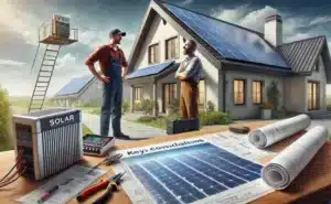 O que você precisa saber antes de aprender Como Instalar Kit Energia Solar? Um instalador profissional discute os requisitos para instalação de um sistema solar com um proprietário. Em uma mesa de trabalho, estão expostos ferramentas, projetos técnicos e um inversor. Ao fundo, um telhado com painéis solares parcialmente instalados representa a fase inicial do processo.