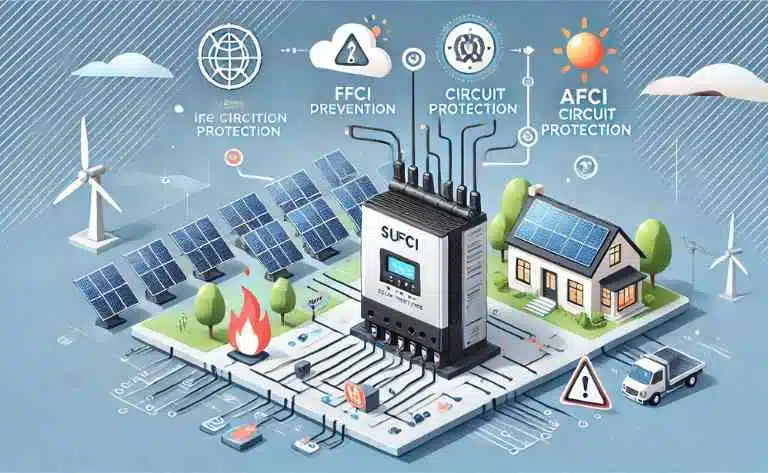 Um inversor solar instalado em um sistema residencial com símbolos de prevenção de incêndios e proteção de circuitos. Um sinal de alerta enfatiza a importância da tecnologia AFCI para evitar riscos elétricos.