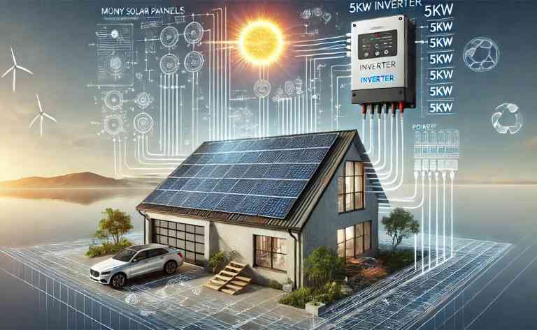 Quantas Placas Suporta um Inversor de 5kW? Mostra um telhado com vários painéis solares conectados a um inversor de 5kW montado na parede. Diagramas técnicos ilustram a distribuição da energia e a capacidade do sistema.