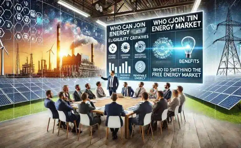 Empresários e representantes da indústria participam de uma conferência sobre adesão ao mercado livre de energia. Um consultor exibe critérios de elegibilidade e benefícios em uma tela digital, enquanto ao fundo, uma rede elétrica e uma fazenda solar ilustram a disponibilidade de fontes renováveis.