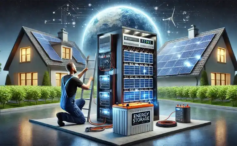 Uma bateria moderna de armazenamento solar está conectada a um inversor e a um conjunto de painéis solares. Um técnico realiza a manutenção e a verificação das conexões elétricas para garantir eficiência e segurança. Ao fundo, uma casa iluminada à noite simboliza a importância do backup energético armazenado.