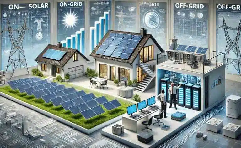 Uma exibição comparativa de três tipos de sistemas solares: um conectado à rede elétrica (on-grid), outro com armazenamento de bateria (off-grid) e um híbrido combinando ambos. Um engenheiro de energia solar explica as vantagens de cada sistema a um cliente em um espaço de demonstração tecnológica.