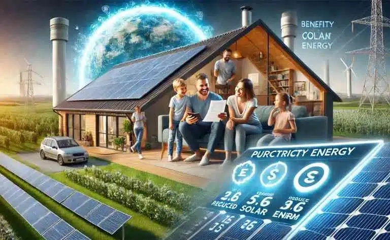 Exibe uma família satisfeita em casa revisando sua conta de eletricidade em um tablet, mostrando economia com o uso de energia solar. Uma tela digital destaca benefícios ambientais, como a redução de emissões de carbono. No fundo, uma fazenda solar em operação está conectada à rede elétrica, simbolizando a transição para um consumo energético mais sustentável.