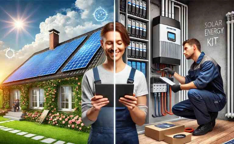 Uma composição dividida: de um lado, uma casa com uma instalação solar bem-sucedida e um medidor digital mostrando economia na conta de luz; do outro, um técnico solucionando um problema com um inversor, destacando os desafios técnicos.