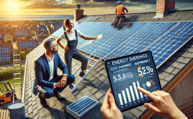 Um instalador profissional e um proprietário discutem o posicionamento dos painéis solares no telhado. Um tablet exibe estimativas de economia e benefícios de independência energética. No fundo, um conjunto de painéis já instalados gera eletricidade de forma eficiente.