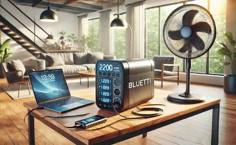 Bluetti AC200Max é Bom? Avaliação Honesta para Você. Uma fotografia ultrarrealista conceitual mostrando a Bluetti AC200Max em uma mesa de madeira dentro de uma sala de estar moderna, conectada a múltiplos dispositivos como notebook e ventilador, demonstrando sua potência e capacidade.