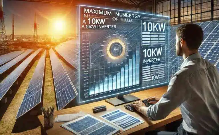 Um engenheiro solar trabalha em um computador, analisando uma simulação avançada de energia em um monitor com gráficos detalhados. Ao fundo, um grande campo solar reflete a luz do sol, destacando eficiência e otimização do sistema.