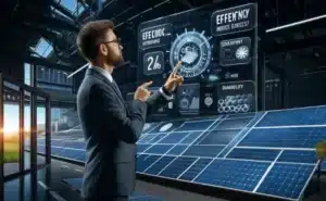 Como Escolher a Melhor Placa Solar do Mercado? Um especialista em energia solar avalia diferentes modelos de painéis solares em um showroom tecnológico. Ele examina classificações de eficiência e durabilidade enquanto aponta para especificações em uma tela digital. No fundo, instalações solares comerciais e residenciais mostram aplicações reais das melhores tecnologias solares.