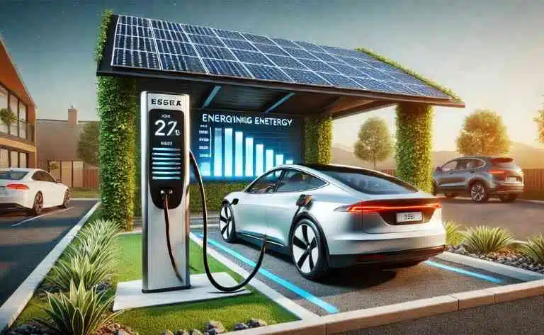 A imagem mostra um carro elétrico moderno conectado a uma estação de carregamento alimentada por painéis solares. A estrutura da estação é coberta por painéis solares de alta eficiência, e um visor digital exibe a taxa de carregamento e a energia captada do sol. O cenário reforça a independência energética e a sustentabilidade do carregamento solar.