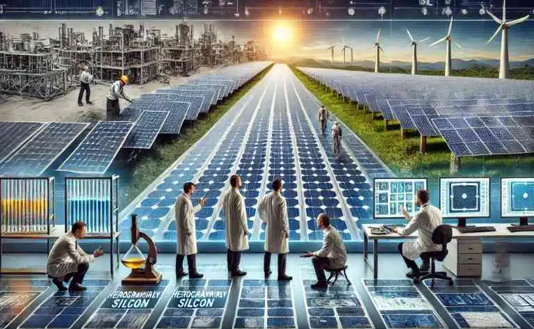 A imagem apresenta uma linha do tempo da evolução dos painéis solares, mostrando desde as primeiras células monocristalinas até os modernos painéis HJT. Engenheiros em um laboratório fazem comparações entre as tecnologias, demonstrando ganhos de eficiência e durabilidade.