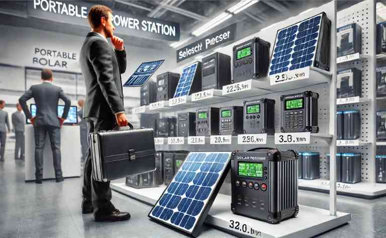 Representação realista de uma pessoa comparando diferentes modelos de estações solares portáteis, analisando especificações de saída de energia e capacidade da bateria. O ambiente é uma loja de eletrônicos bem iluminada com produtos em exposição.