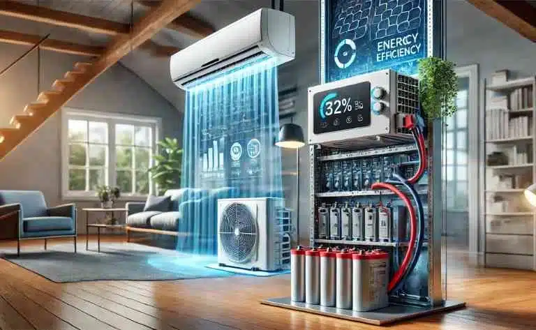 Um close-up de um sistema avançado de inversor conectado a uma bateria de alta capacidade. Na tela digital ao lado, são mostrados dados de eficiência energética. Ao fundo, um ambiente climatizado demonstra a influência do inversor no tempo de operação do ar-condicionado.