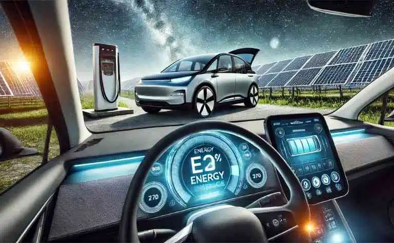 A ilustração apresenta o interior de um carro elétrico, com o painel digital exibindo o consumo de energia em tempo real, a autonomia restante e a eficiência da bateria. Em segundo plano, uma estação de carregamento solar está conectada ao veículo, destacando o impacto do consumo energético na mobilidade sustentável.