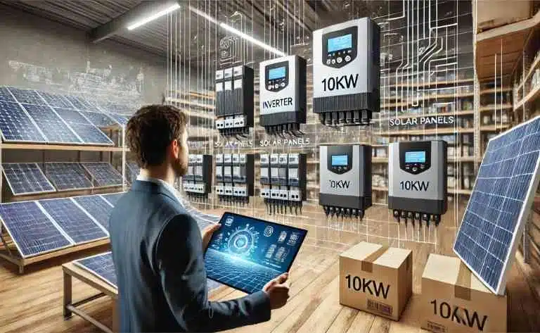 Imagem mostrando diferentes modelos de inversores de 10kW em exposição em uma loja de equipamentos solares. Um técnico analisa especificações em um tablet, enquanto painéis solares estão organizados no fundo.