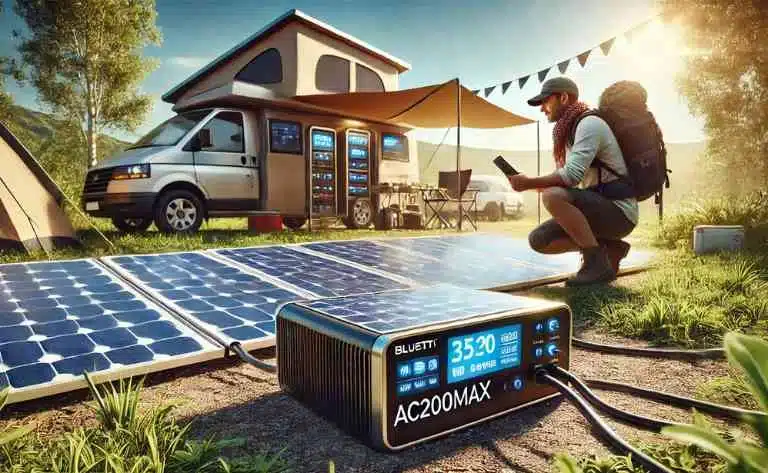 Uma fotografia ultrarrealista conceitual da Bluetti AC200Max conectada a painéis solares ao ar livre em um ambiente de camping, com luz solar intensa, uma barraca e uma van ao fundo, e uma pessoa verificando o dispositivo.