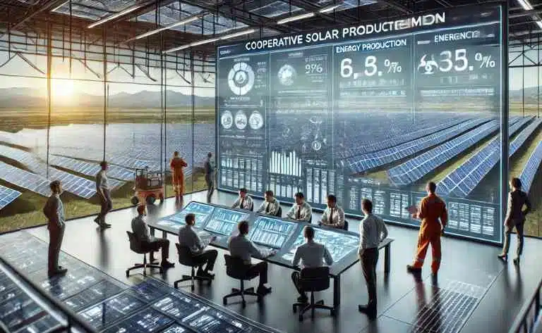 Modelo Cooperativo - Mostrando membros da cooperativa analisando relatórios de produção energética em um ambiente de gestão eficiente.