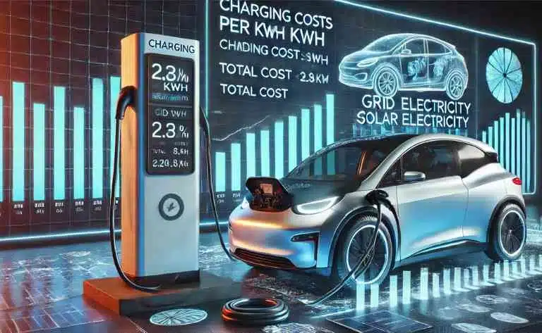 A imagem destaca um ponto de carregamento urbano, onde um carro elétrico está conectado a uma estação convencional. O visor digital exibe o custo da energia em kWh e o valor total da recarga, permitindo uma comparação com sistemas solares. No fundo, gráficos e indicadores financeiros representam o impacto econômico da recarga na rede elétrica.