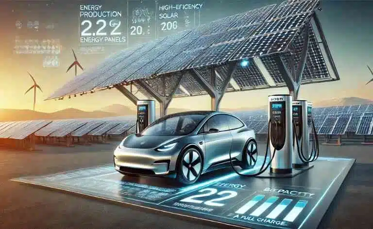 A composição apresenta uma estação de carregamento solar avançada, equipada com múltiplos painéis solares no telhado. No primeiro plano, um display interativo calcula a quantidade de energia gerada e a autonomia proporcionada ao veículo. O ambiente reflete inovação e eficiência no uso da energia solar para a mobilidade elétrica. Quantas Placas Solares para Abastecer um Carro Elétrico