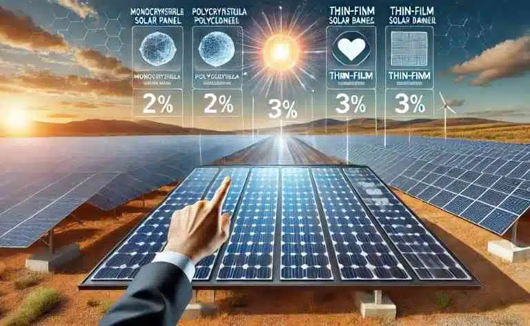 Comparação lado a lado de painéis solares monocristalinos, policristalinos e de película fina. Um especialista em energia solar destaca as diferenças entre os modelos, ajudando um cliente a entender qual opção atende melhor às suas necessidades. No fundo, uma fazenda solar exibe painéis de diferentes tecnologias gerando eletricidade em grande escala.